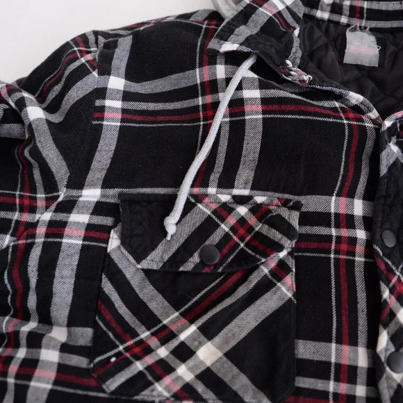 Dickies Black Red Checker Button Up Removable Hood Quilt Stitch Lined Shacket XL - Picture 11 of 15